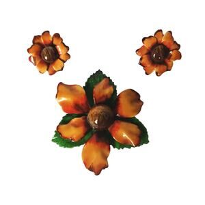 Vintage 1960s Demi Parure Metal Enamel Painted Flower Pin and 2 Clip On Earrings